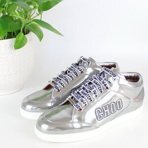 New JIMMY CHOO Metallic Silver Logo Leather Sneakers– Comfort for Everyday Glam